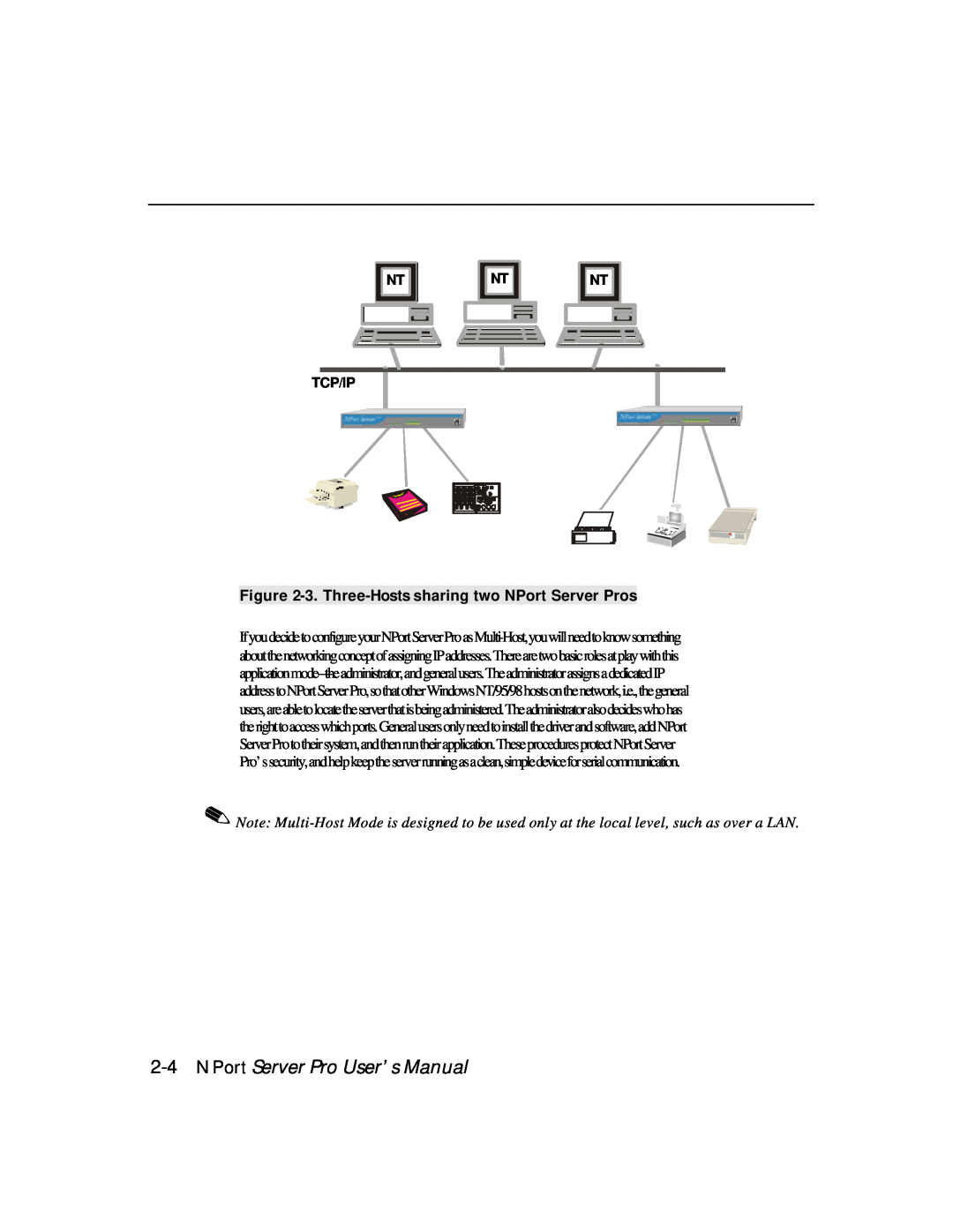 Moxa Technologies DE-303, DE-308 manual NPort Server Pro User’s Manual, 3. Three-Hosts sharing two NPort Server Pros 