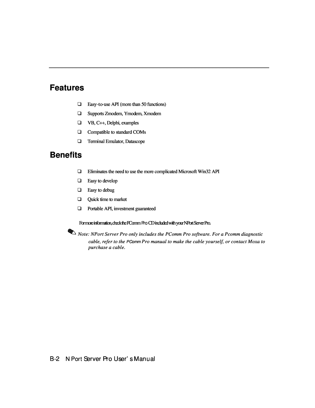 Moxa Technologies DE-303, DE-308 manual Benefits, B-2 NPort Server Pro User’s Manual, Features 