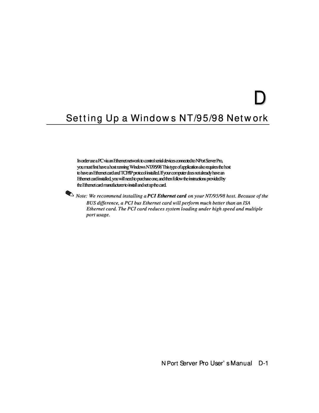 Moxa Technologies DE-308, DE-303 manual NPort Server Pro User’s Manual D-1, Setting Up a Windows NT/95/98 Network 