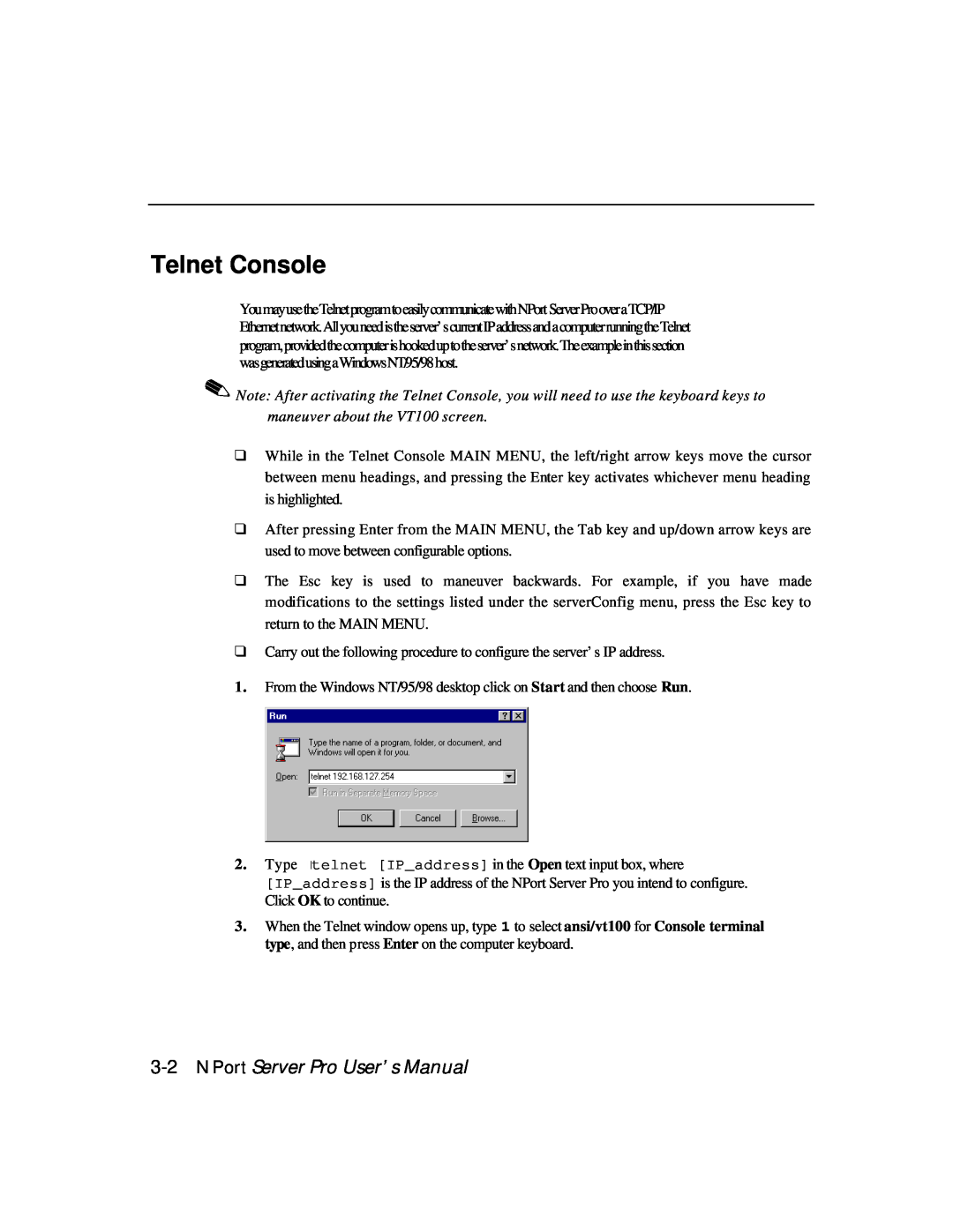 Moxa Technologies DE-303, DE-308 manual Telnet Console, NPort Server Pro User’s Manual 