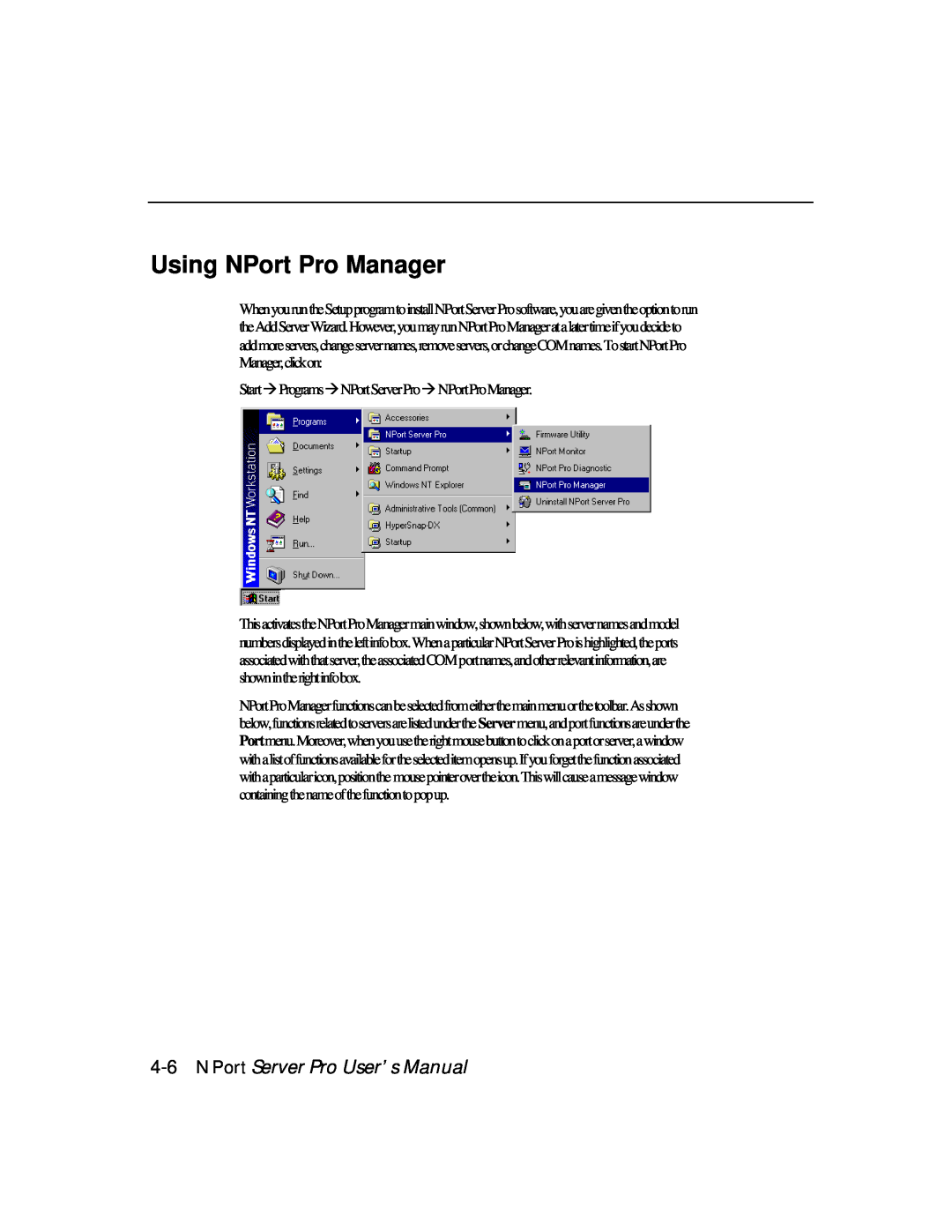 Moxa Technologies DE-303, DE-308 manual Using NPort Pro Manager, NPort Server Pro User’s Manual 