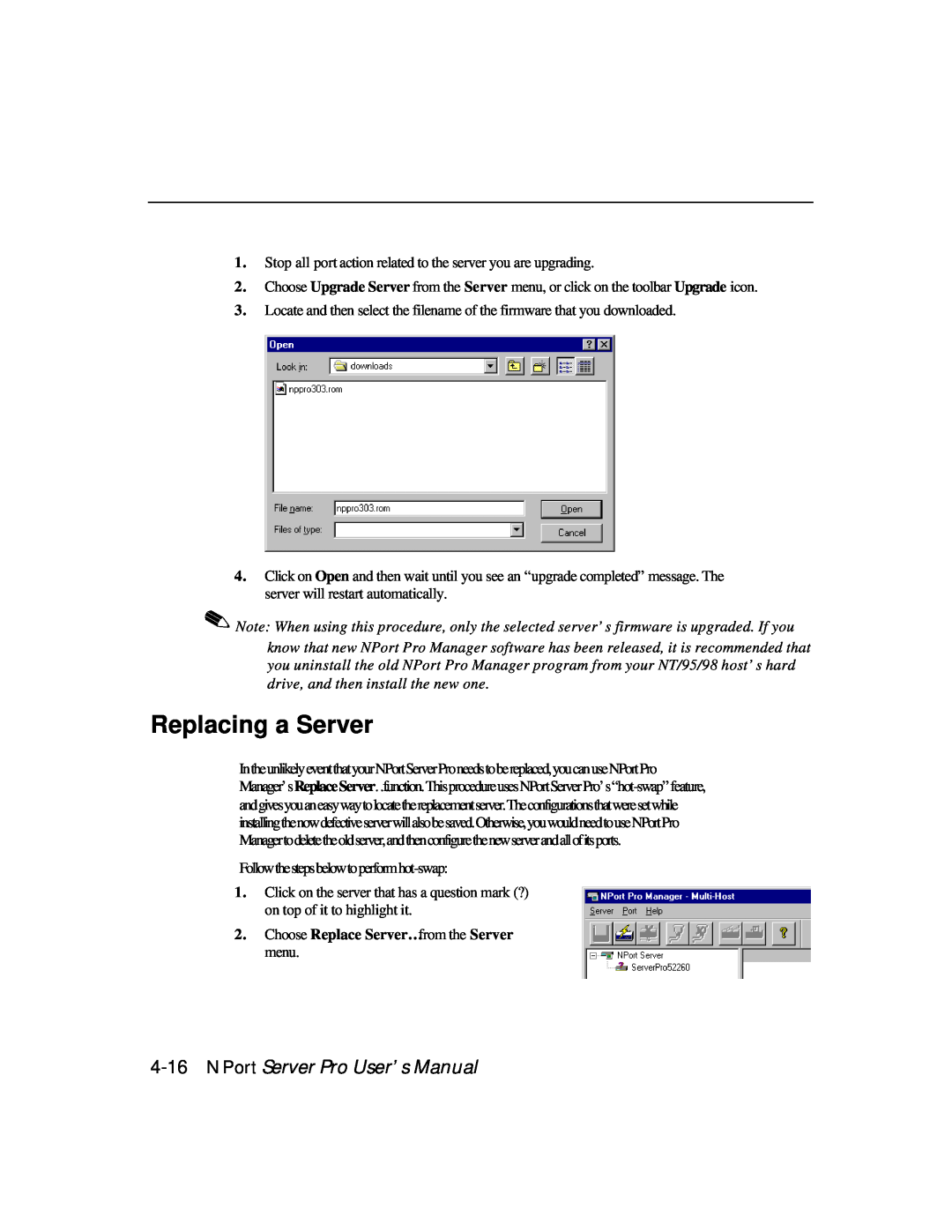 Moxa Technologies DE-303, DE-308 manual Replacing a Server, NPort Server Pro User’s Manual 