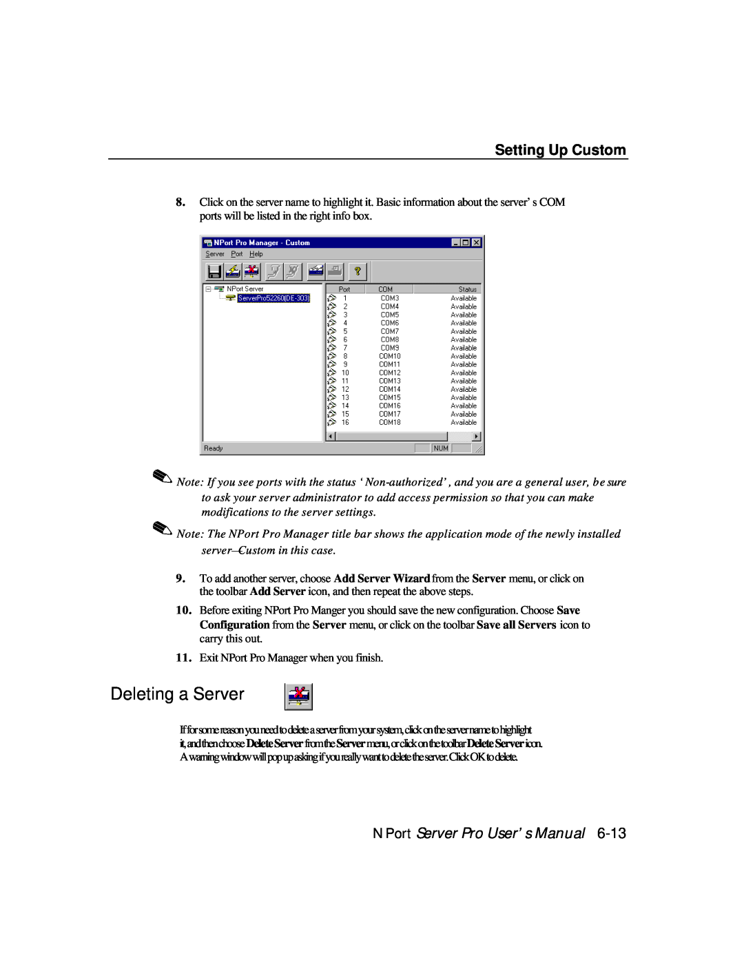 Moxa Technologies DE-308, DE-303 manual Deleting a Server, Setting Up Custom, NPort Server Pro User’s Manual 