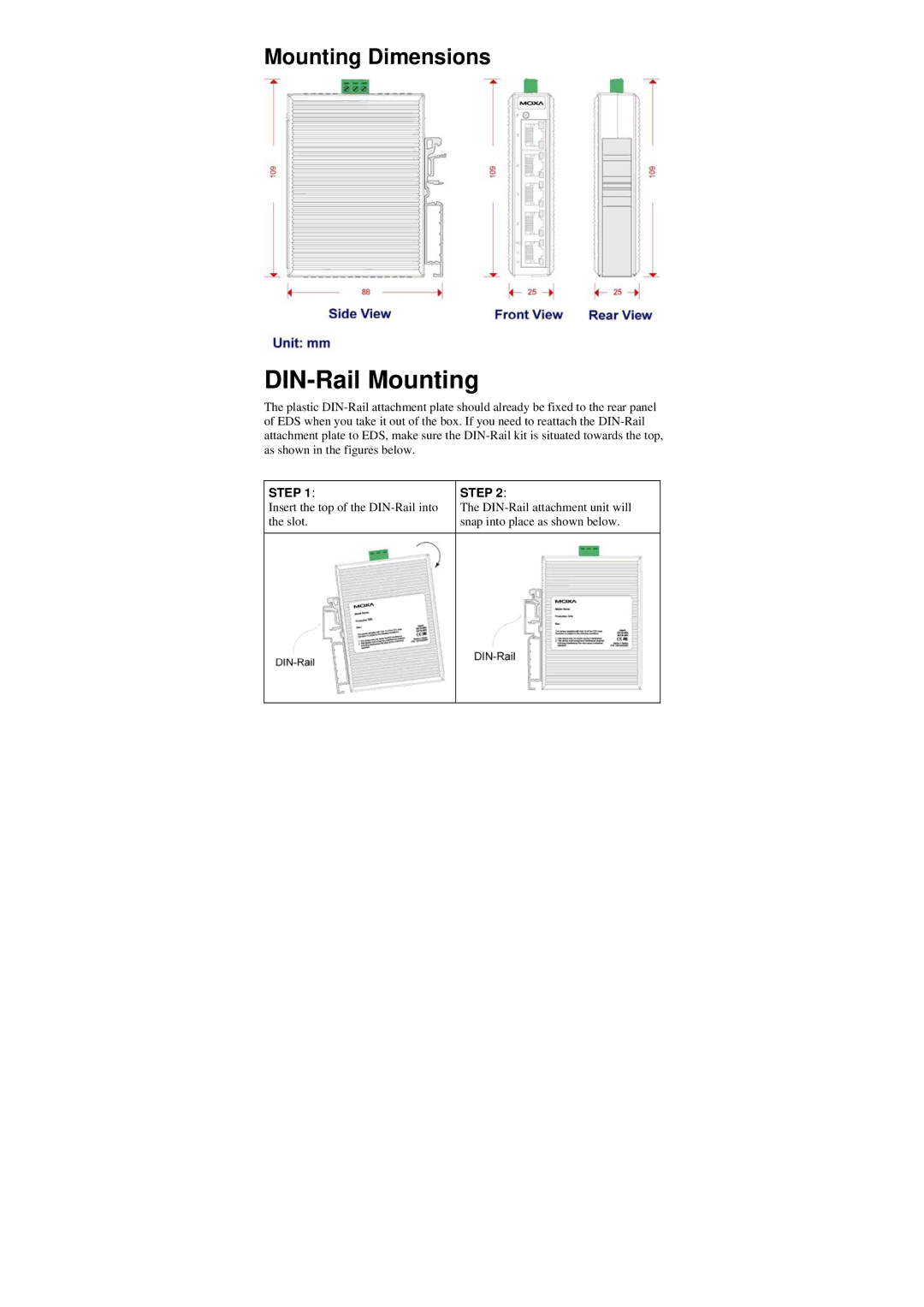 Moxa Technologies EDS-205 manual DIN-Rail Mounting, Mounting Dimensions 