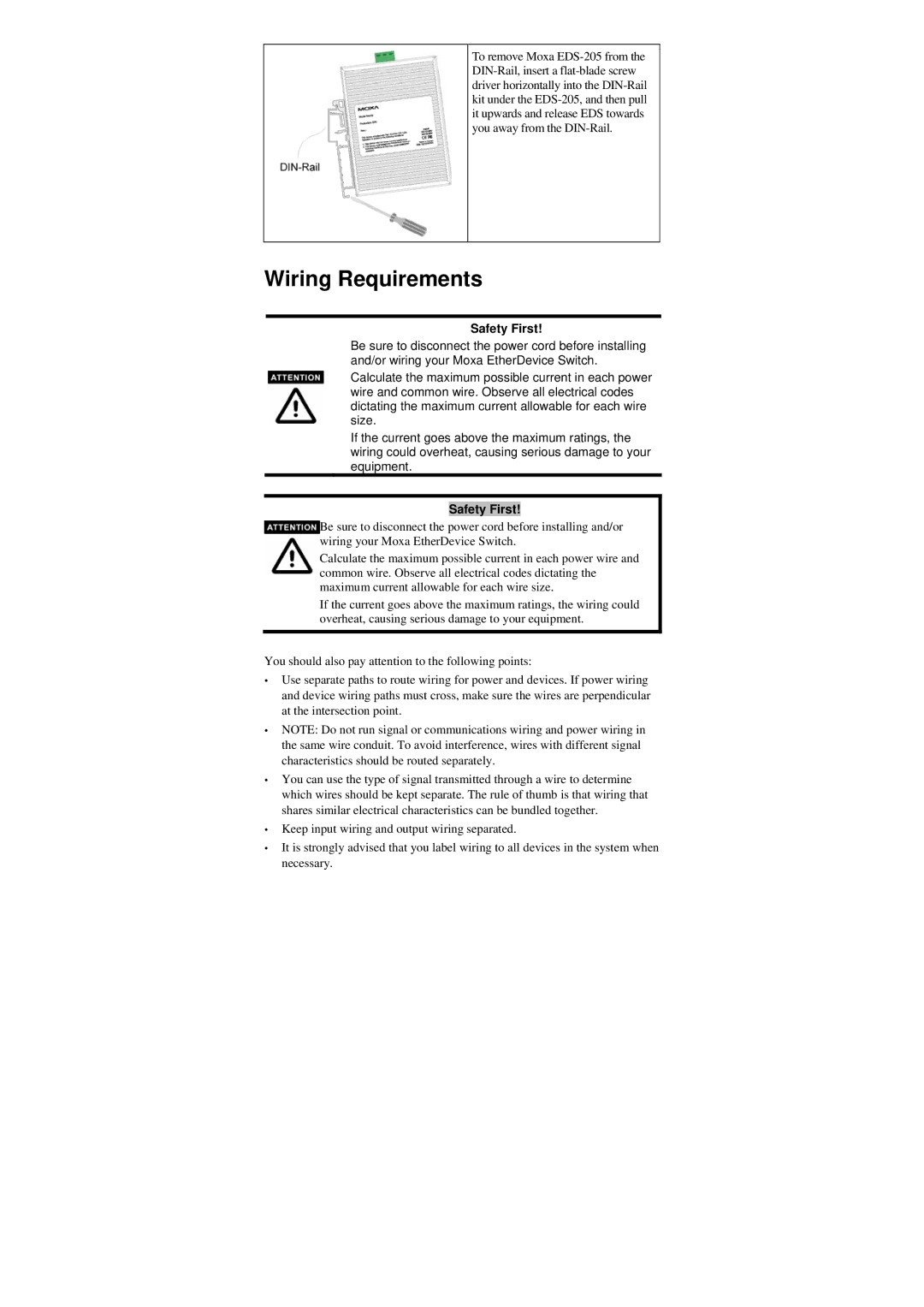 Moxa Technologies EDS-205 manual Wiring Requirements, Safety First 