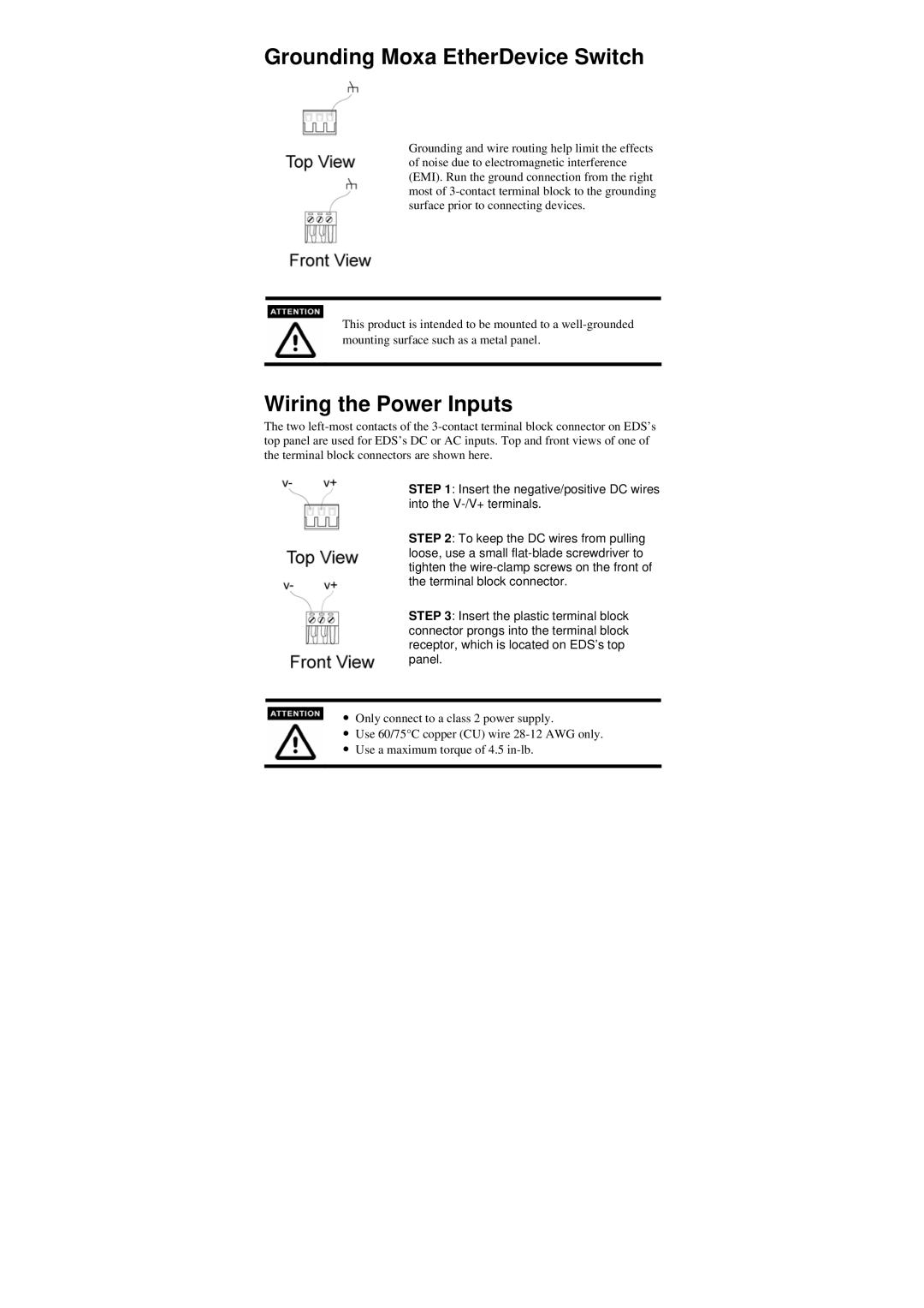 Moxa Technologies EDS-205 manual Grounding Moxa EtherDevice Switch, Wiring the Power Inputs 