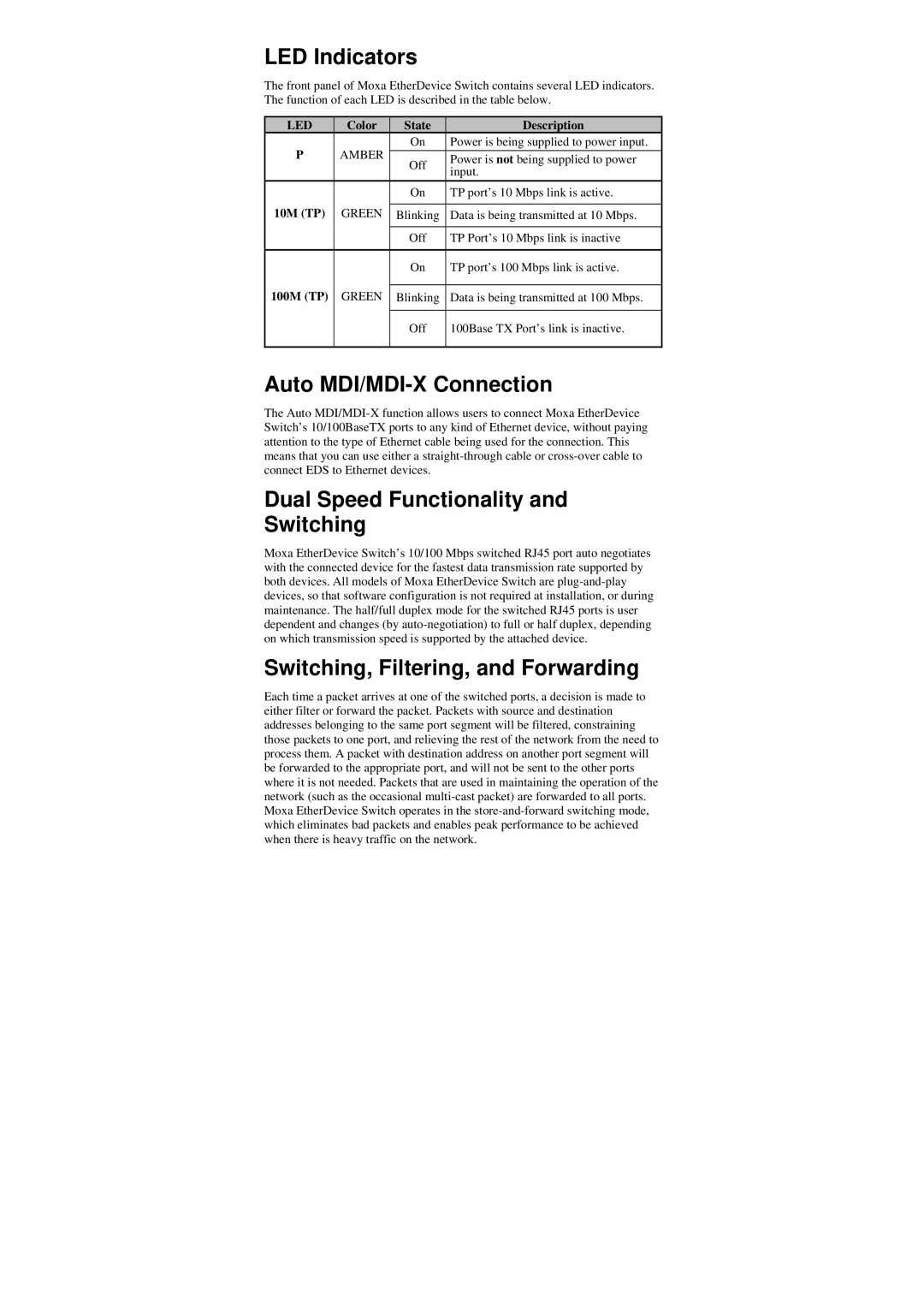 Moxa Technologies EDS-205 manual LED Indicators, Auto MDI/MDI-X Connection, Dual Speed Functionality and Switching 