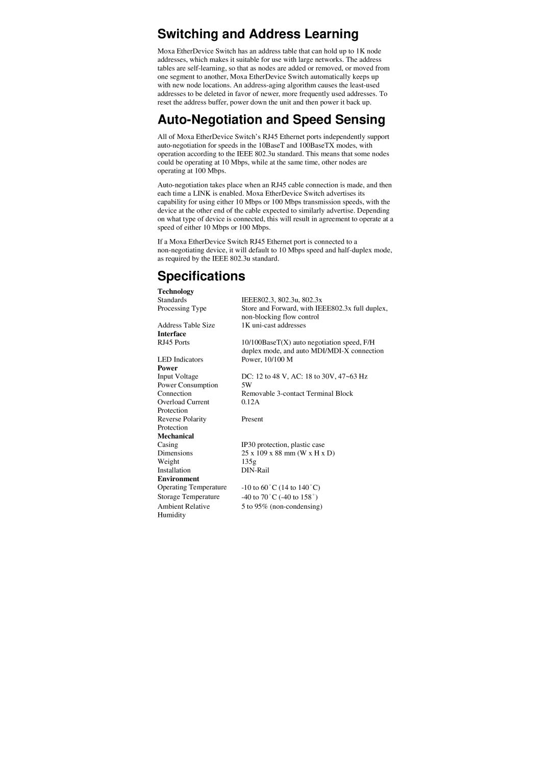 Moxa Technologies EDS-205 manual Switching and Address Learning, Auto-Negotiation and Speed Sensing, Specifications 