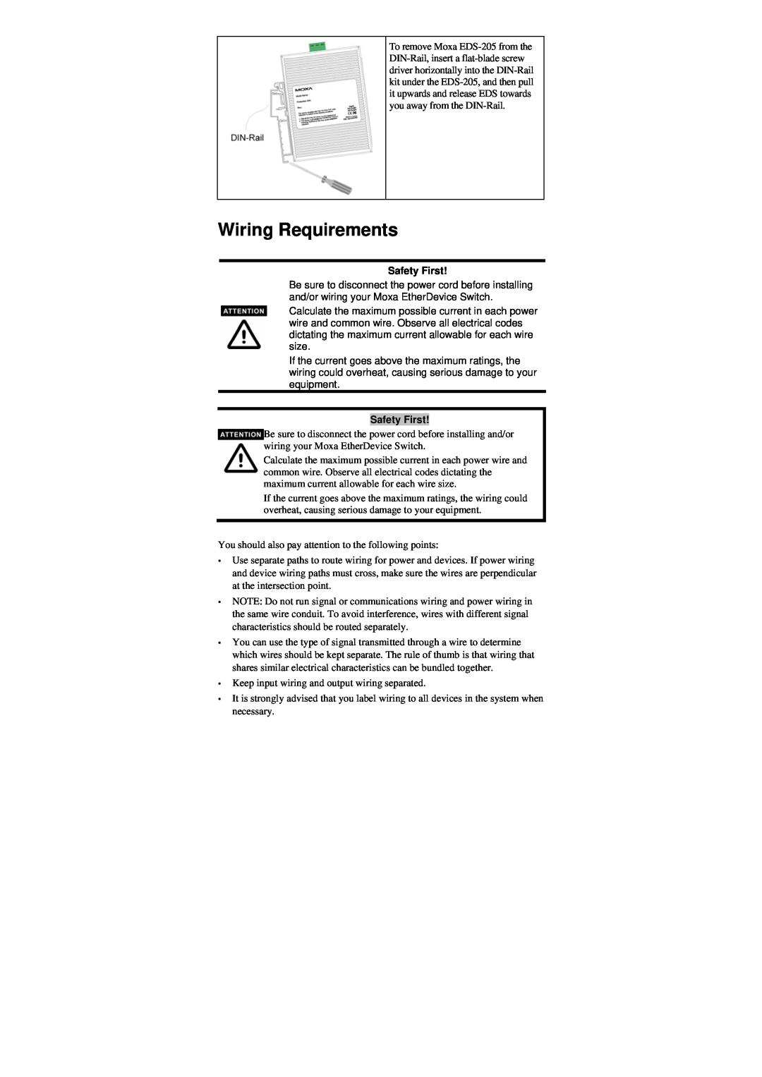Moxa Technologies EDS-205 manual Wiring Requirements, Safety First 