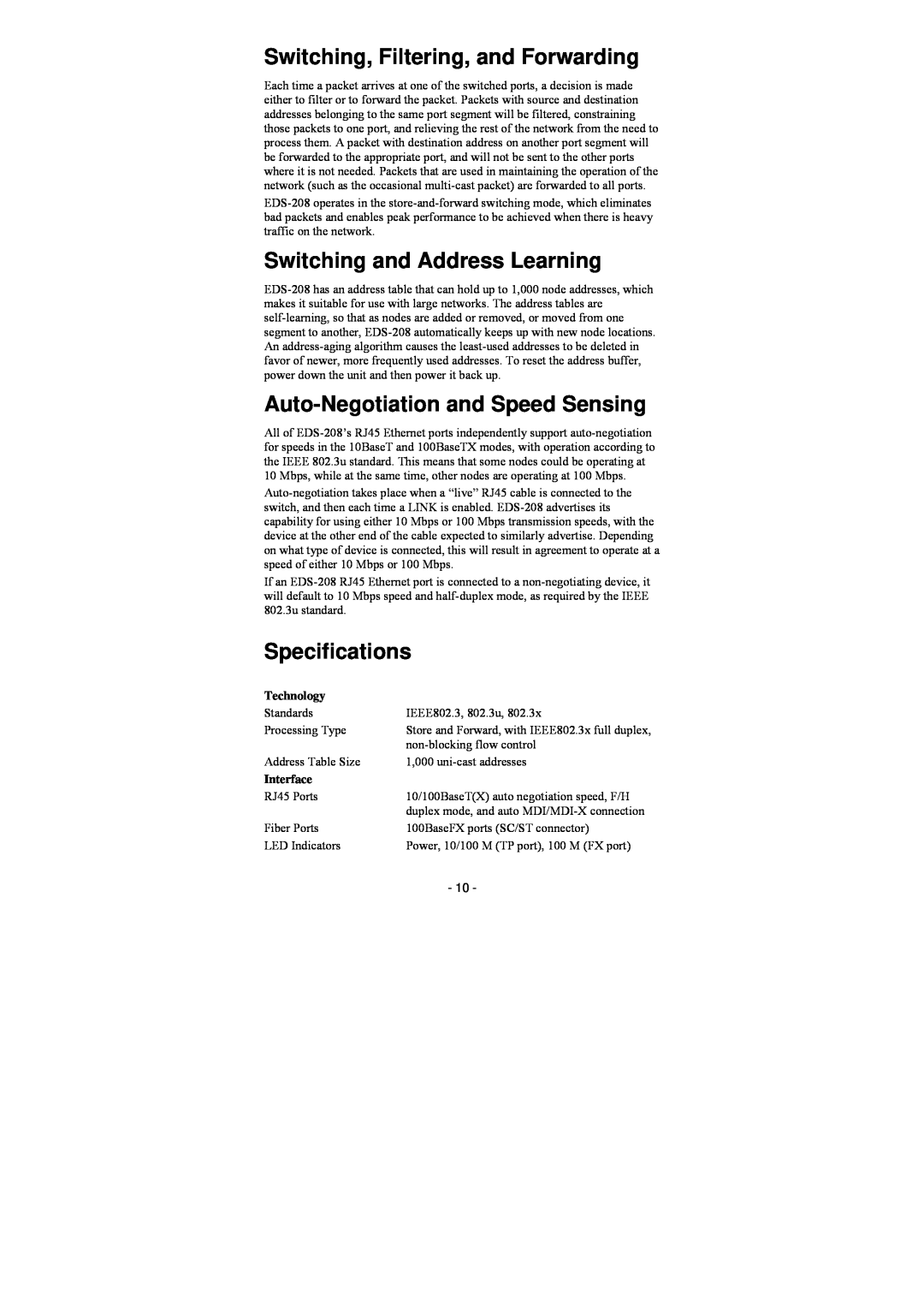 Moxa Technologies EDS-208-M-SC manual Switching, Filtering, and Forwarding, Switching and Address Learning, Specifications 