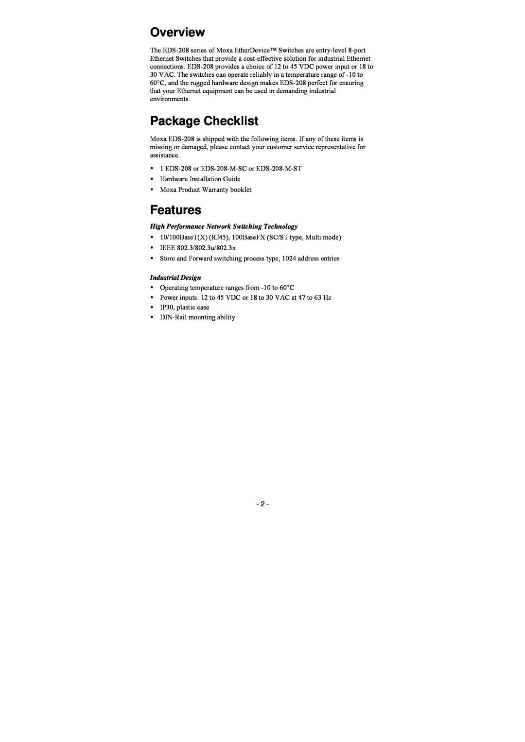 Moxa Technologies EDS-208 manual Overview, Package Checklist, Features, High Performance Network Switching Technology 