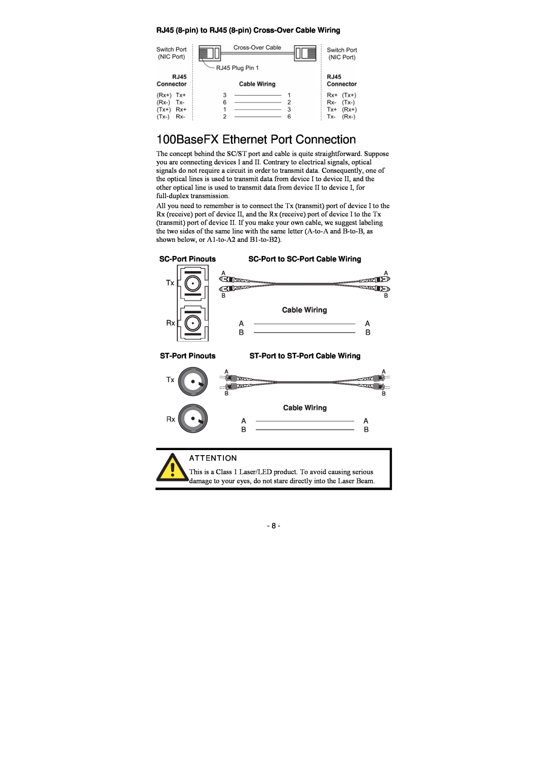 Moxa Technologies EDS-208 100BaseFX Ethernet Port Connection, RJ45 8-pin to RJ45 8-pin Cross-Over Cable Wiring, Tx Rx 