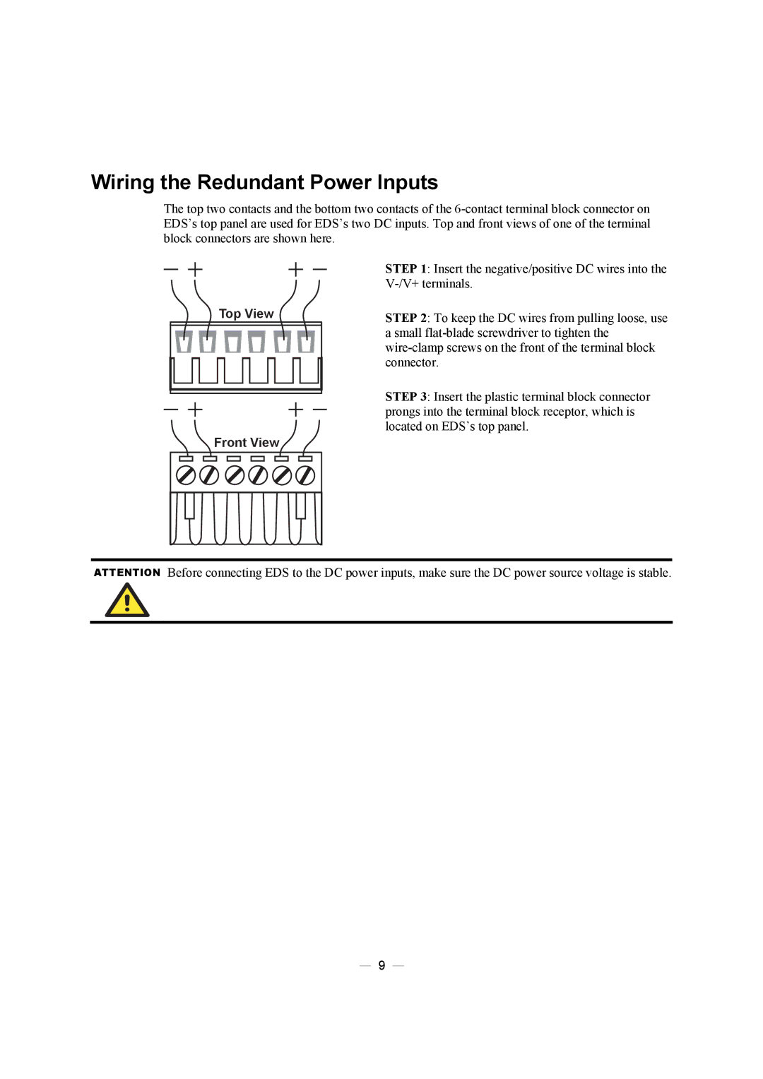 Moxa Technologies EDS-305, EDS-308 manual Wiring the Redundant Power Inputs, Top View Front View 