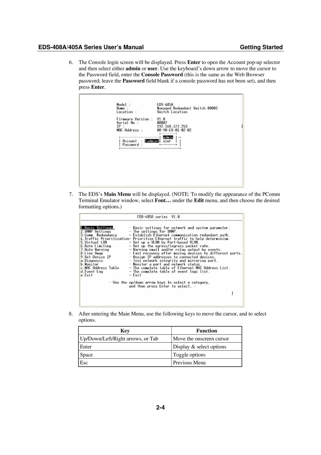 Moxa Technologies 405A SERIES, EDS-408A user manual Key Function 