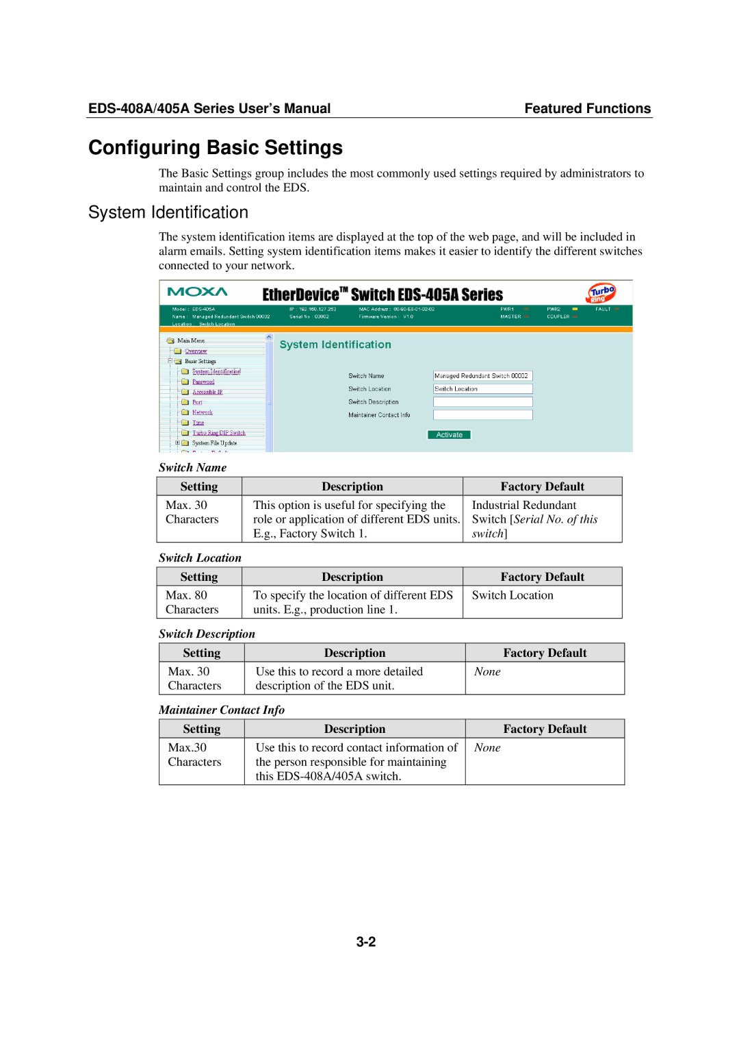 Moxa Technologies 405A SERIES, EDS-408A user manual Configuring Basic Settings, System Identification 