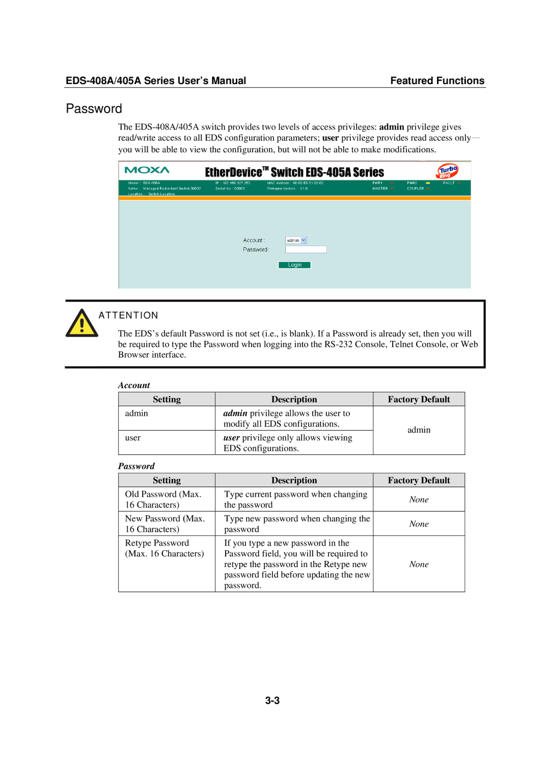 Moxa Technologies EDS-408A, 405A SERIES user manual Password, Account 