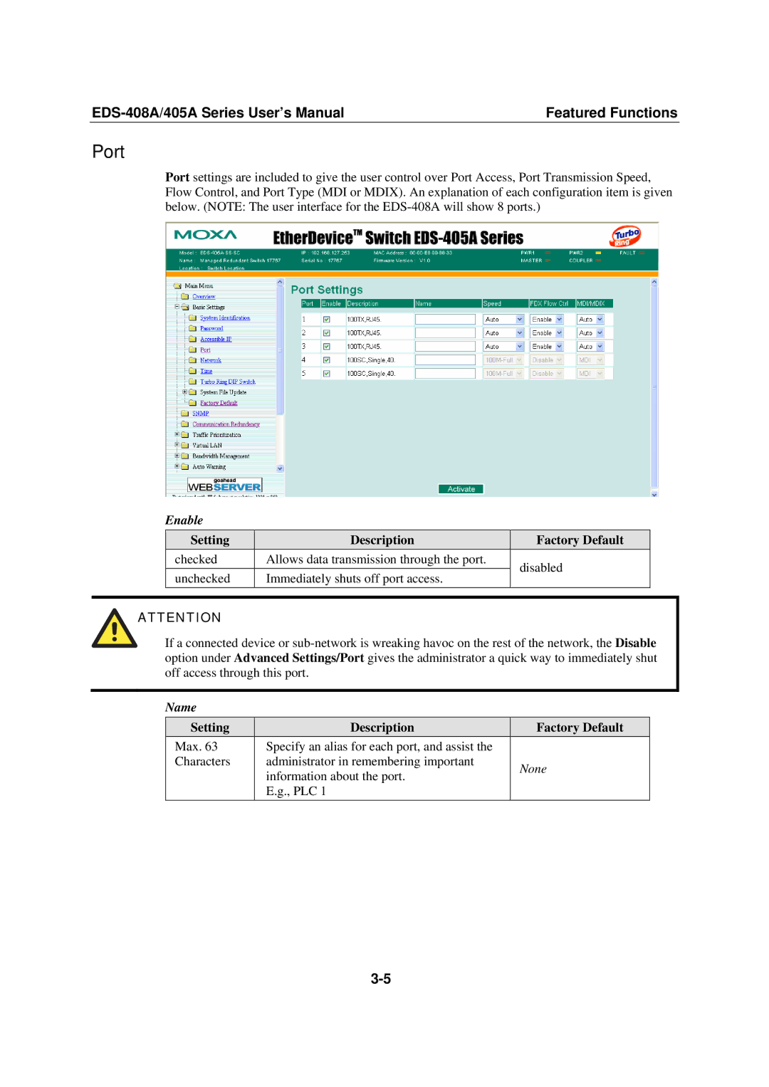 Moxa Technologies EDS-408A, 405A SERIES user manual Port, Enable, Name 