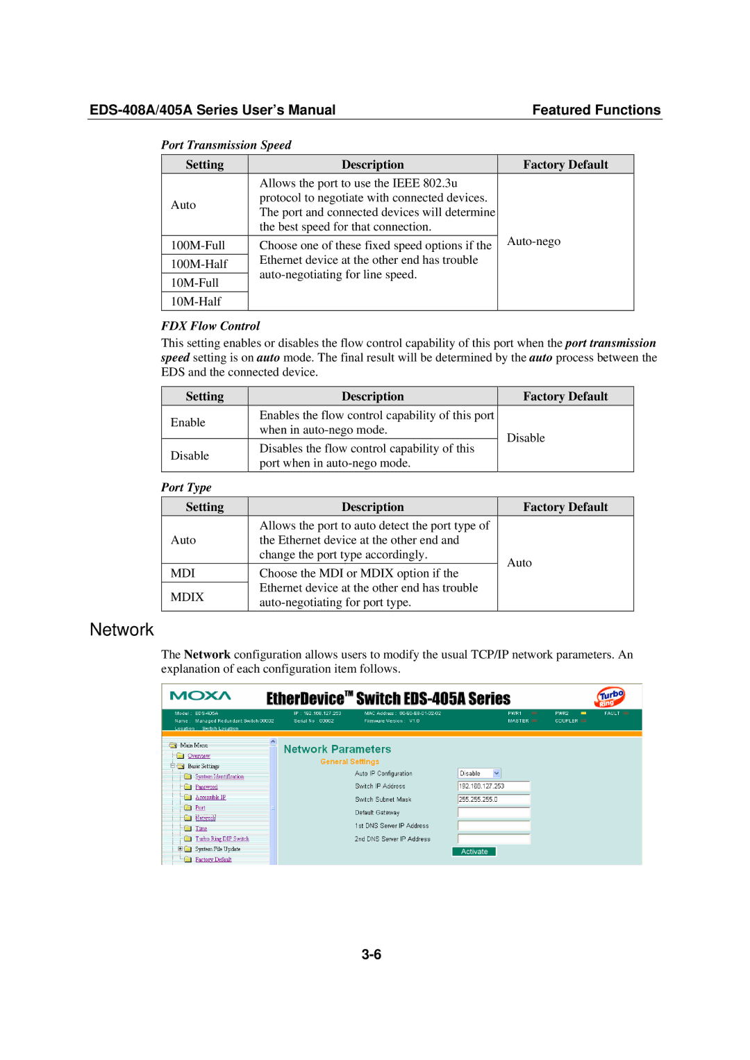 Moxa Technologies 405A SERIES, EDS-408A user manual Network, Port Transmission Speed, FDX Flow Control, Port Type 