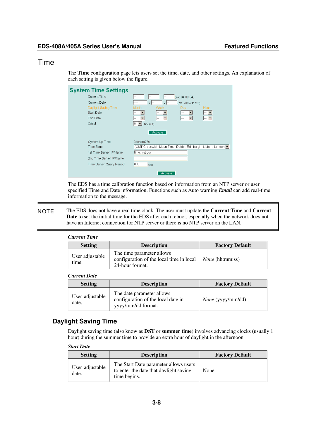 Moxa Technologies 405A SERIES, EDS-408A user manual Daylight Saving Time, Current Time, Current Date, Start Date 