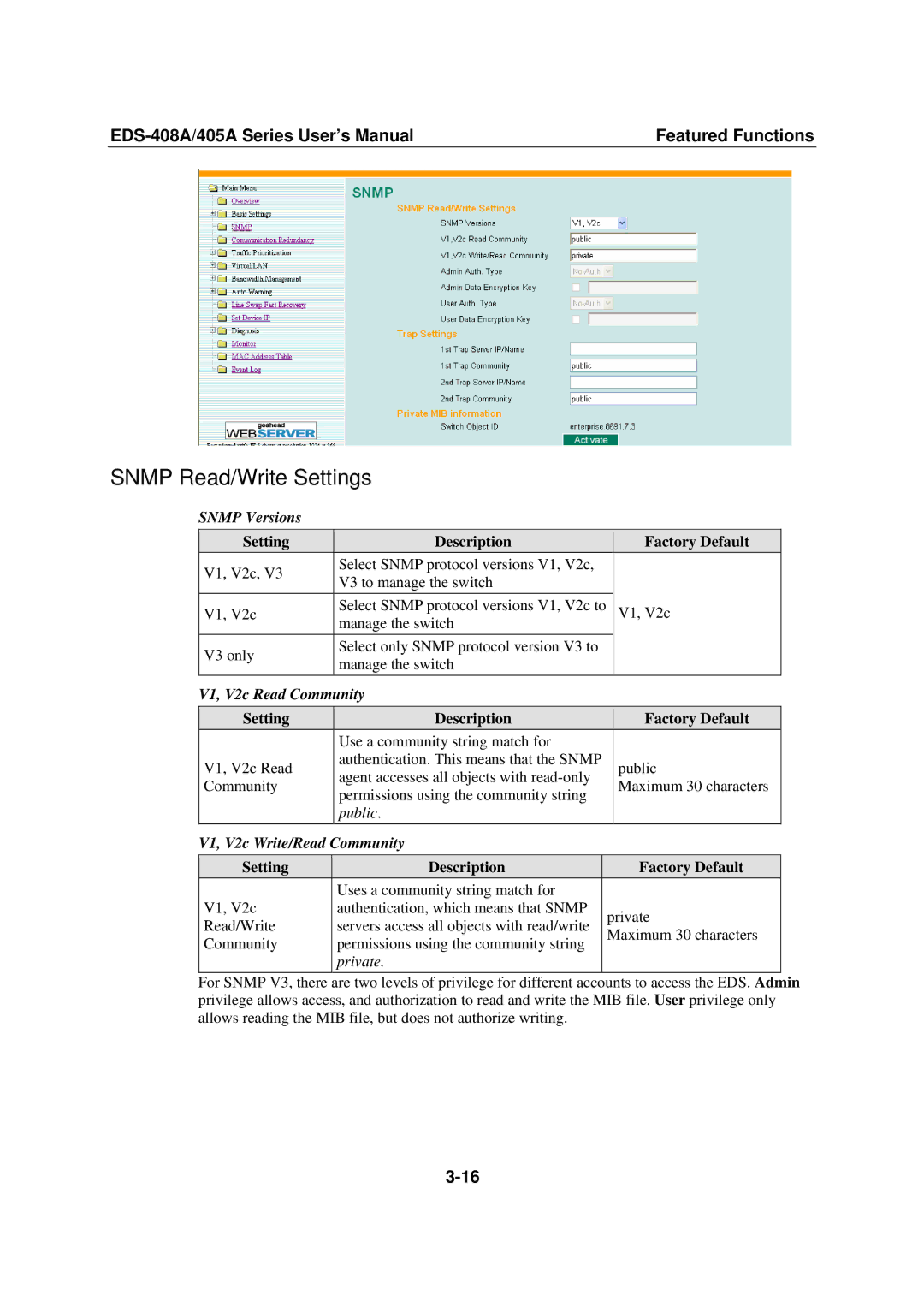 Moxa Technologies 405A SERIES, EDS-408A user manual Snmp Read/Write Settings, Snmp Versions, V1, V2c Read Community 