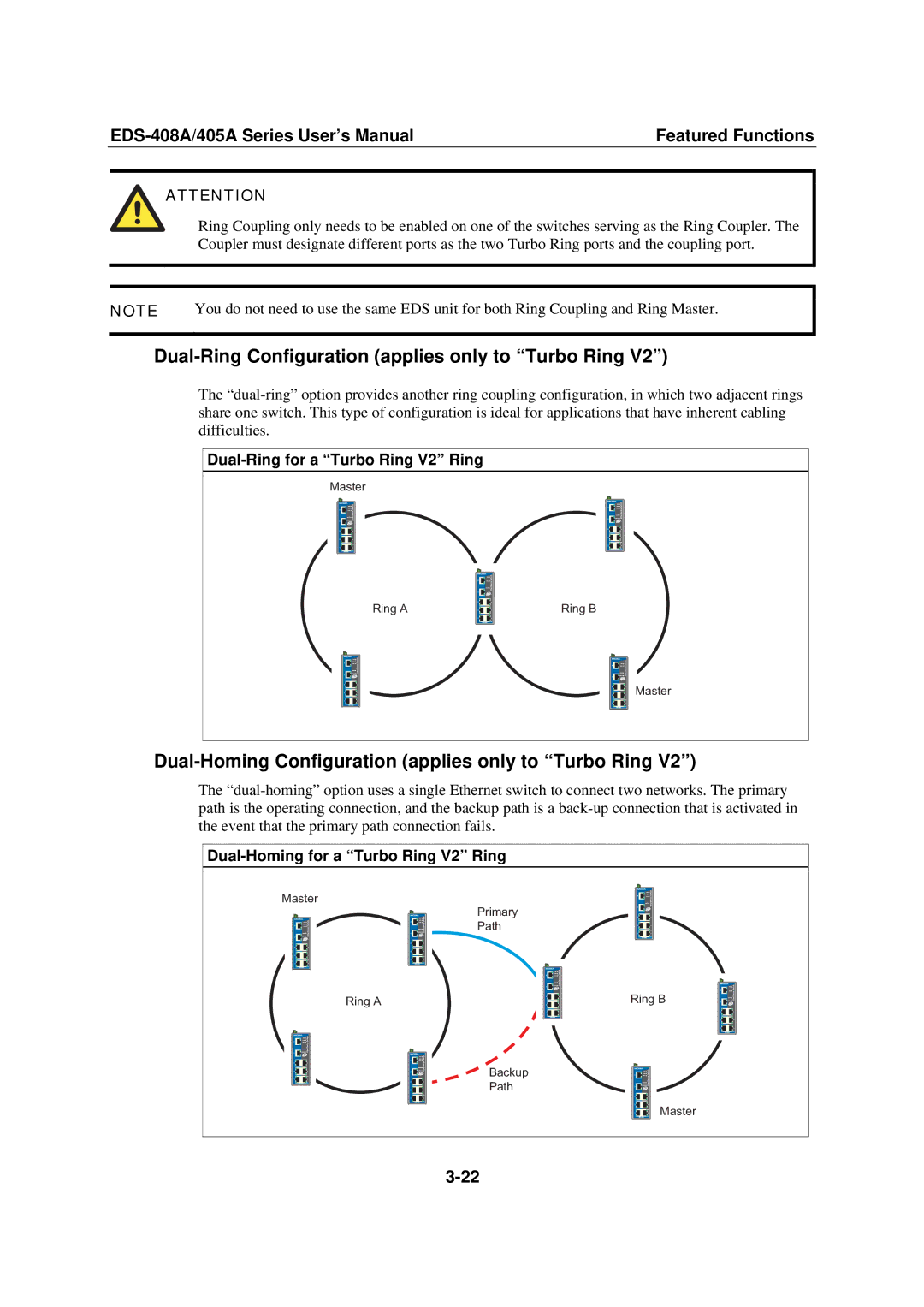 Moxa Technologies 405A SERIES, EDS-408A user manual Dual-Ring Configuration applies only to Turbo Ring 