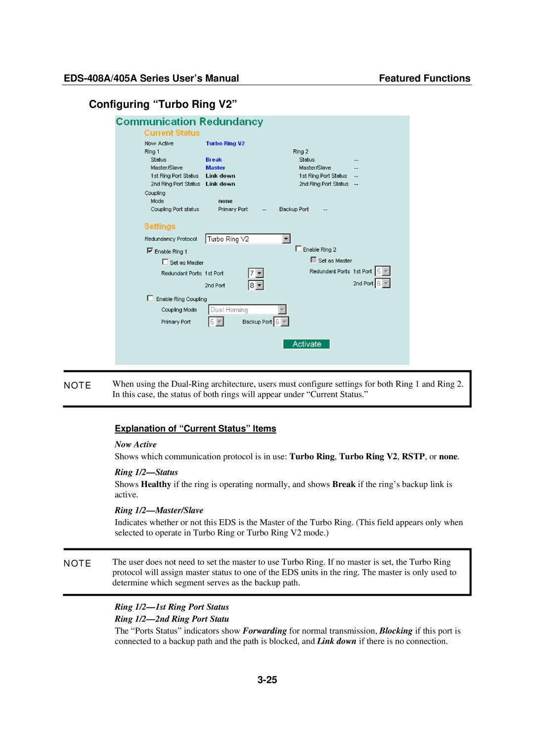 Moxa Technologies EDS-408A, 405A SERIES user manual Ring 1/2-Status, Ring 1/2-Master/Slave, Ring 1/2-1st Ring Port Status 