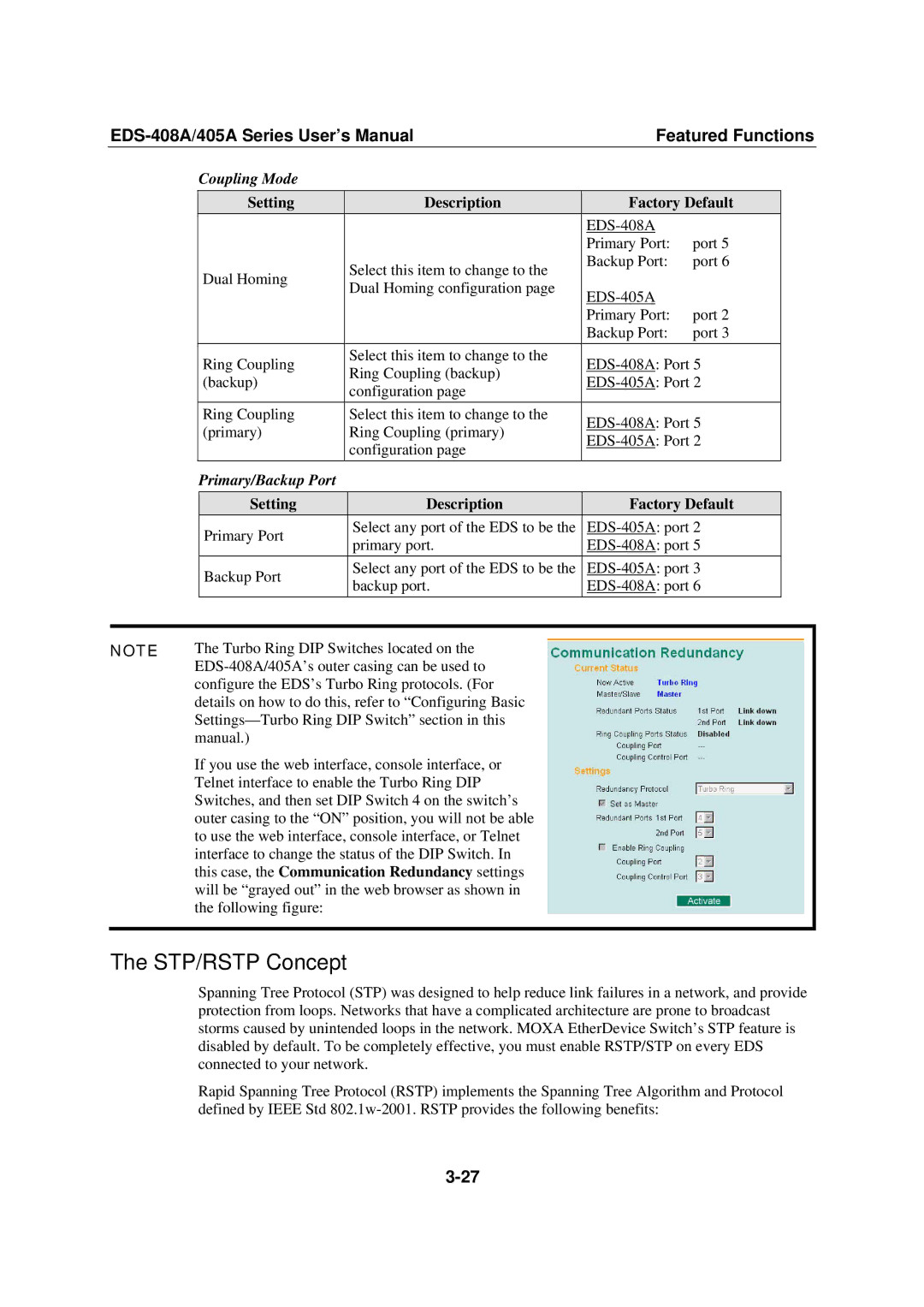 Moxa Technologies EDS-408A, 405A SERIES user manual STP/RSTP Concept, Coupling Mode, Primary/Backup Port 