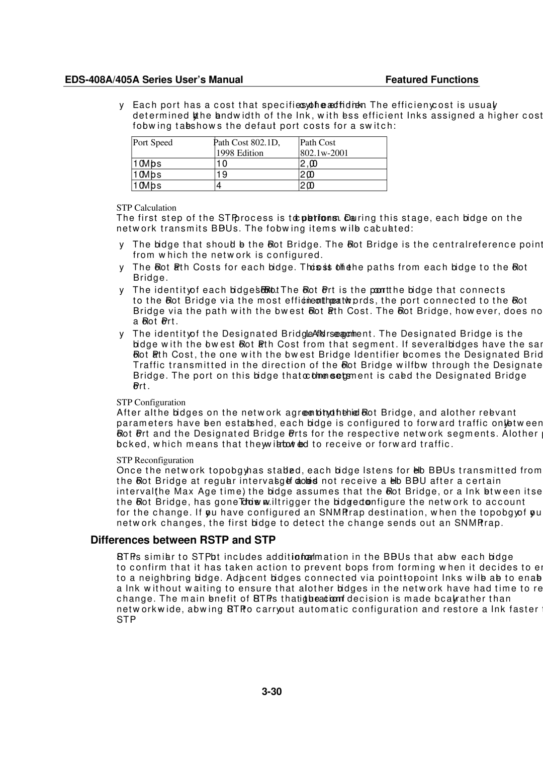 Moxa Technologies 405A SERIES, EDS-408A Differences between Rstp and STP, Port Speed Path Cost 802.1D Edition 802.1w-2001 