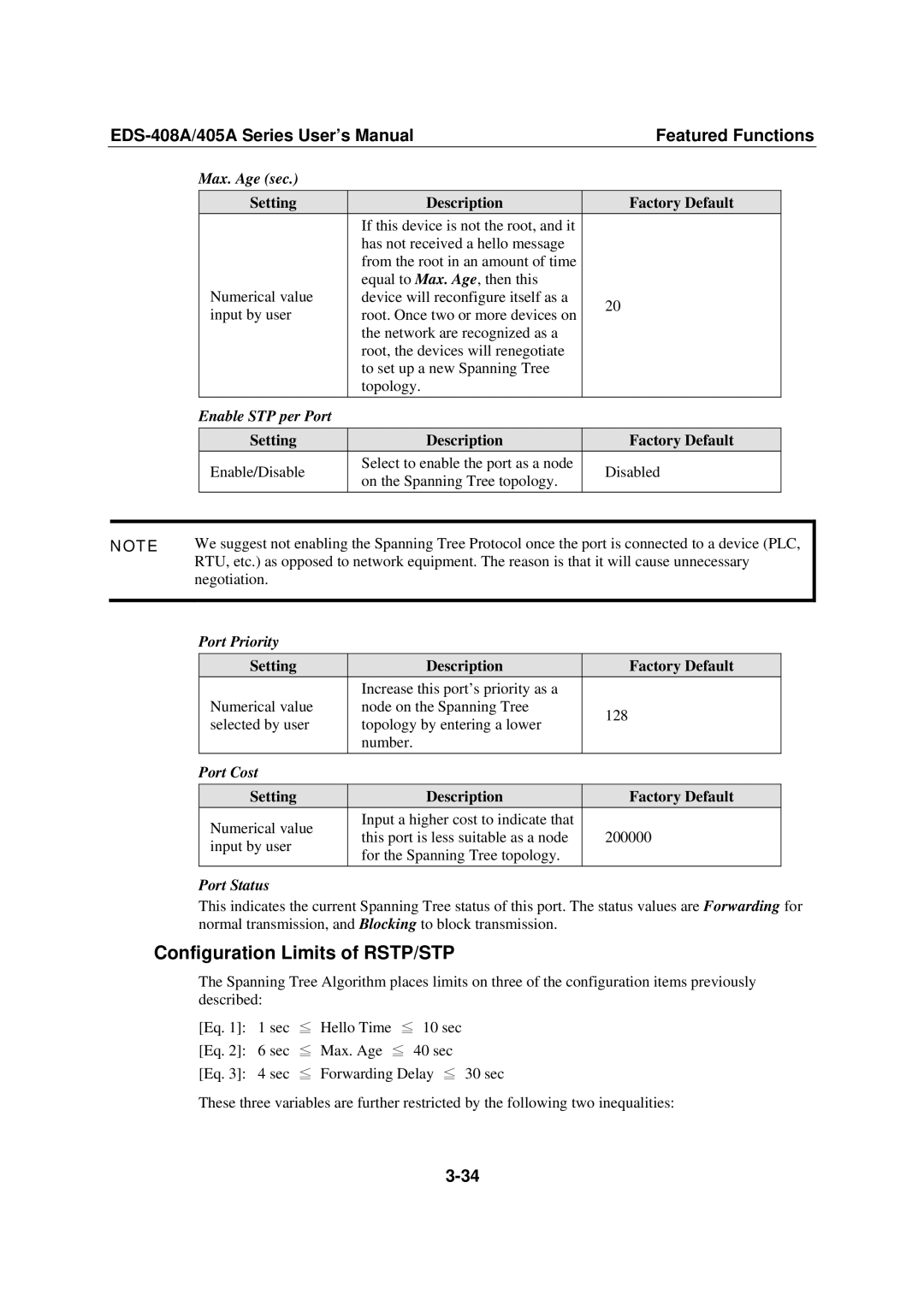 Moxa Technologies 405A SERIES, EDS-408A user manual Configuration Limits of RSTP/STP 