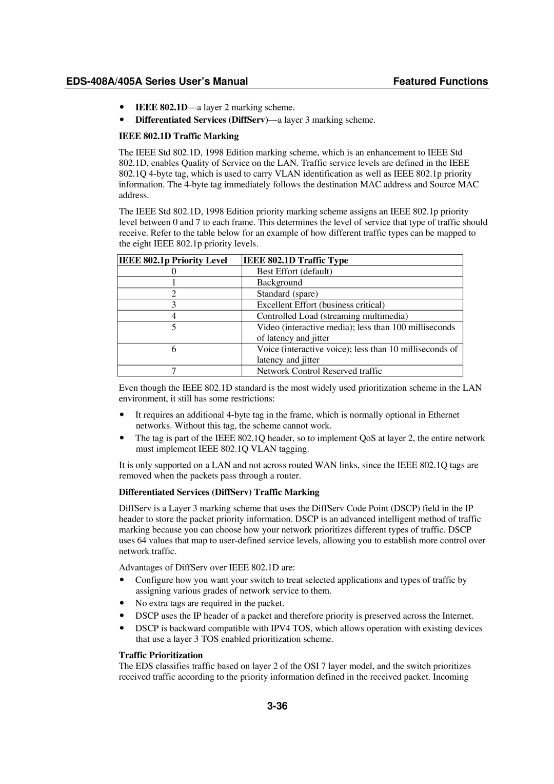 Moxa Technologies 405A SERIES, EDS-408A Ieee 802.1p Priority Level Ieee 802.1D Traffic Type, Traffic Prioritization 