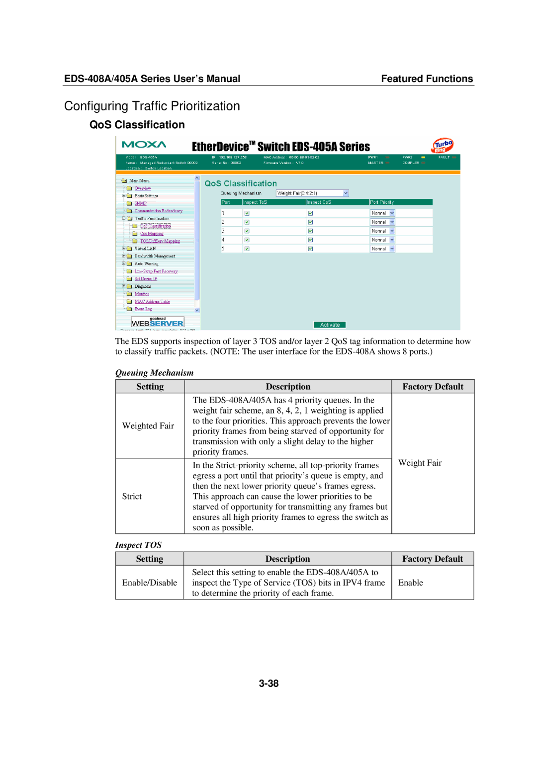 Moxa Technologies 405A SERIES Configuring Traffic Prioritization, QoS Classification, Queuing Mechanism, Inspect TOS 