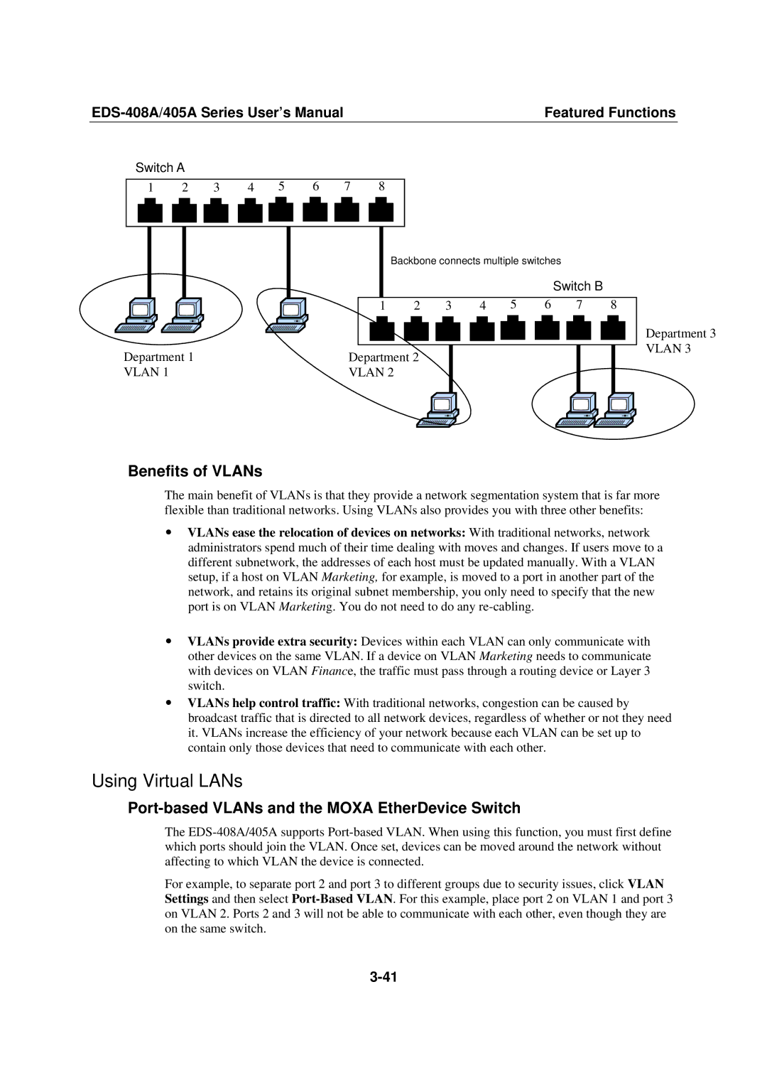 Moxa Technologies EDS-408A Using Virtual LANs, Benefits of VLANs, Port-based VLANs and the Moxa EtherDevice Switch 