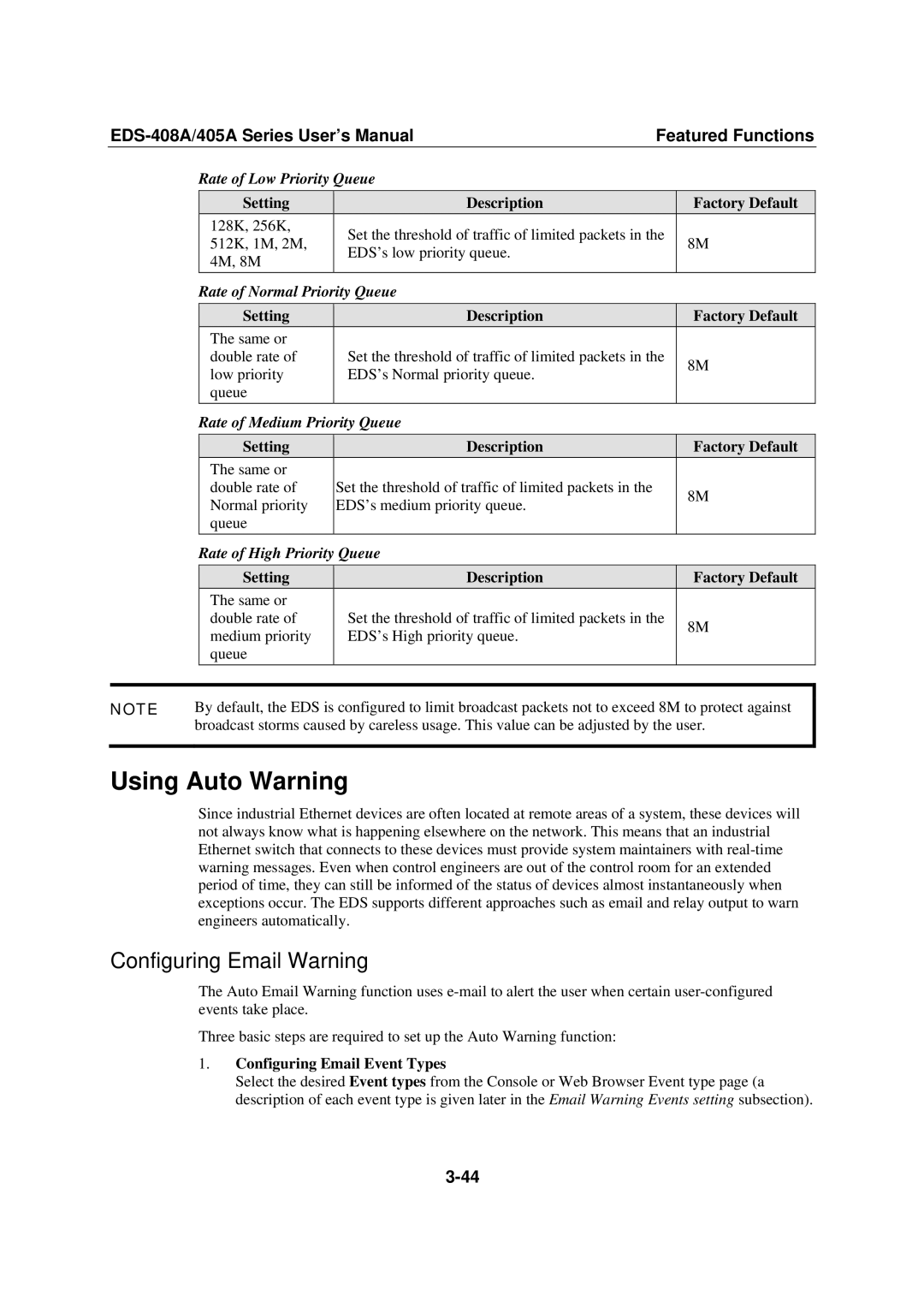 Moxa Technologies 405A SERIES, EDS-408A user manual Using Auto Warning, Configuring Email Warning 