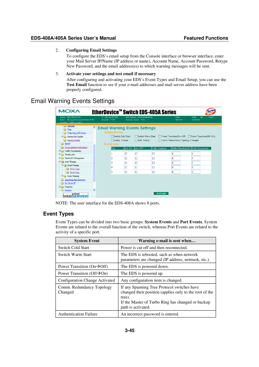 Moxa Technologies EDS-408A user manual Email Warning Events Settings, Event Types, Configuring Email Settings, System Event 