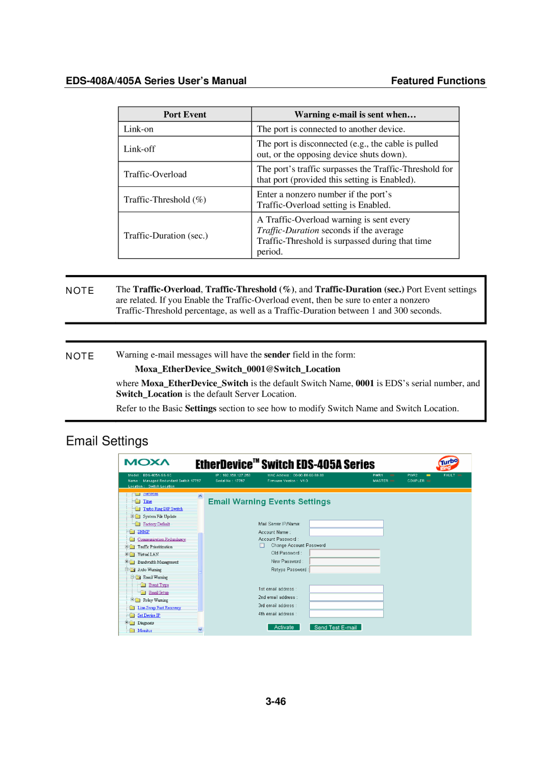 Moxa Technologies 405A SERIES, EDS-408A user manual Email Settings, Port Event, MoxaEtherDeviceSwitch0001@SwitchLocation 