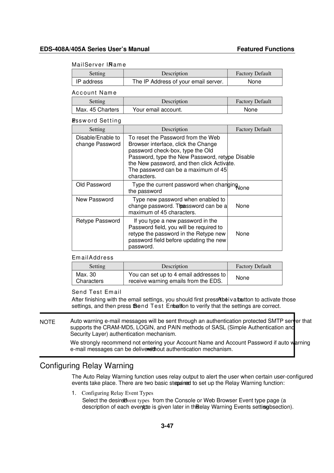 Moxa Technologies EDS-408A, 405A SERIES user manual Configuring Relay Warning 