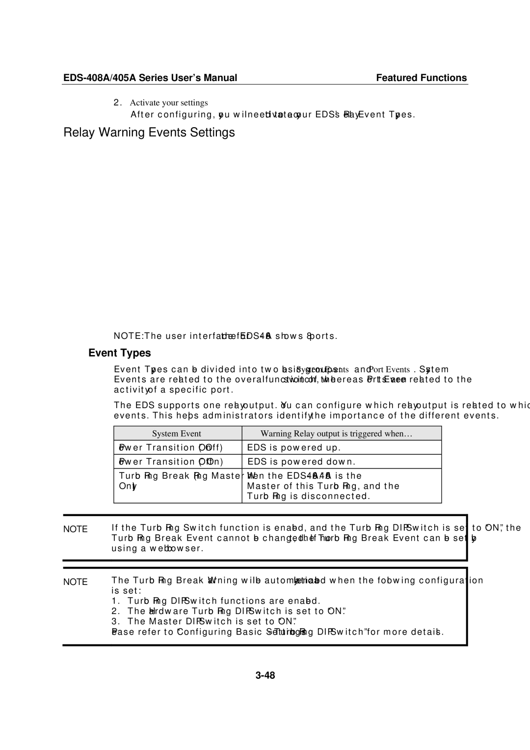 Moxa Technologies 405A SERIES, EDS-408A user manual Relay Warning Events Settings, Activate your settings 