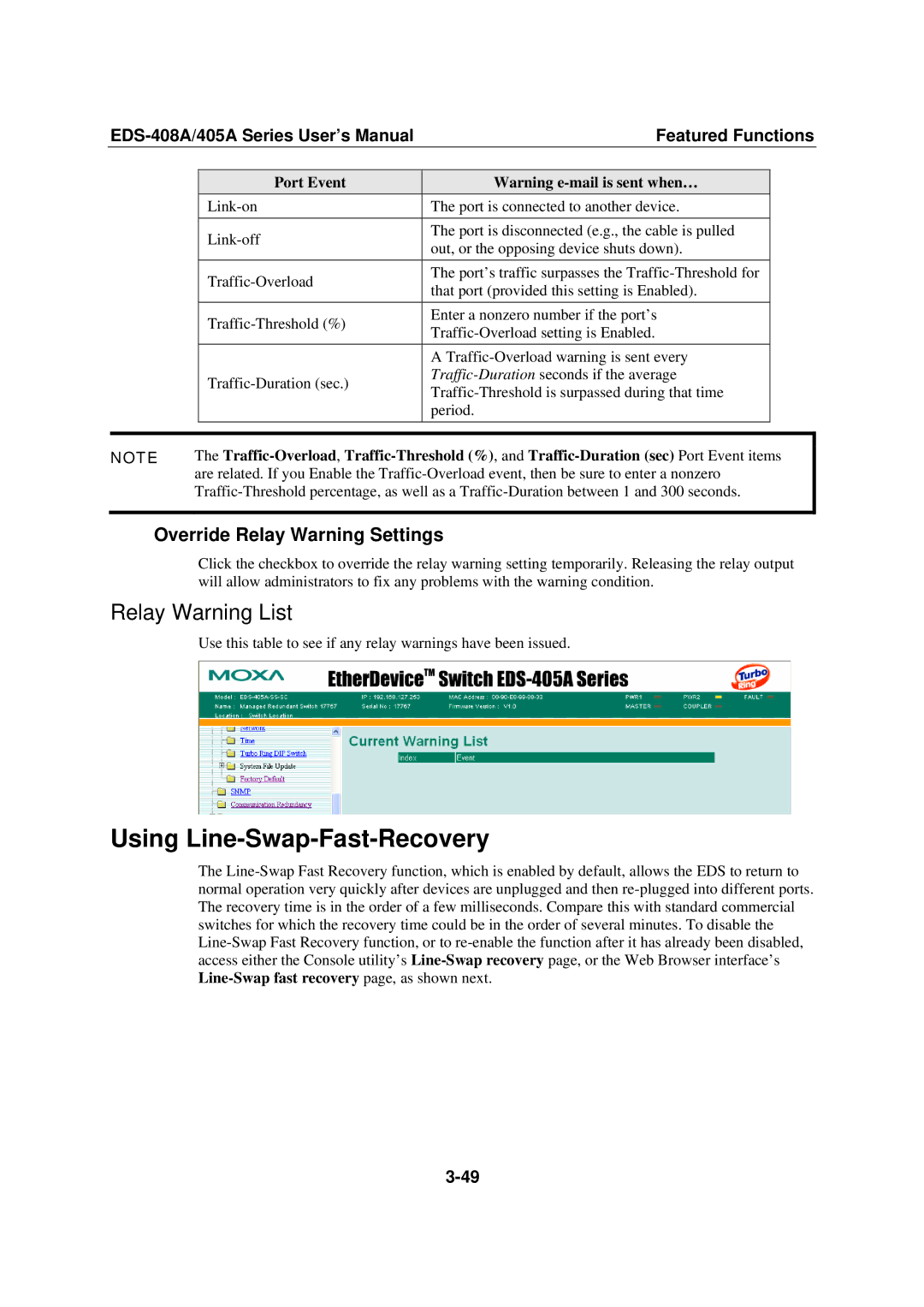 Moxa Technologies EDS-408A, 405A SERIES Using Line-Swap-Fast-Recovery, Relay Warning List, Override Relay Warning Settings 