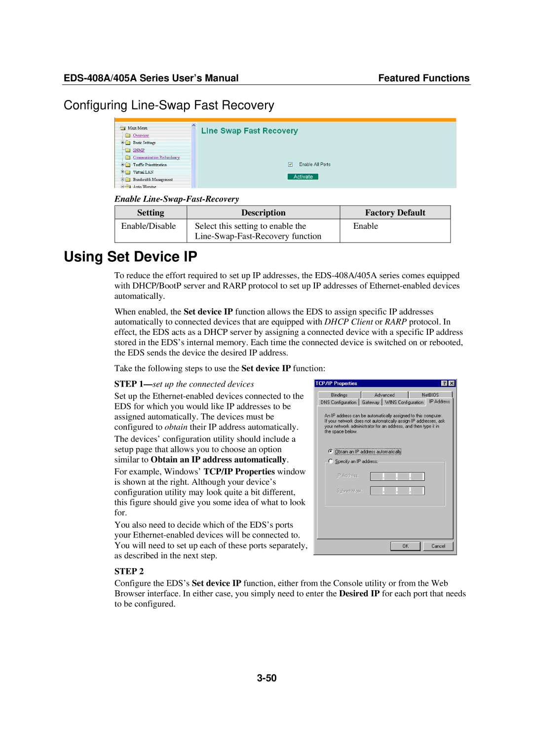 Moxa Technologies 405A SERIES Using Set Device IP, Configuring Line-Swap Fast Recovery, Enable Line-Swap-Fast-Recovery 