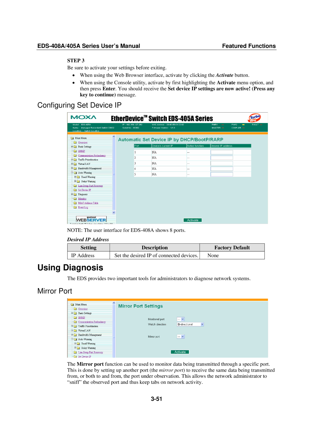 Moxa Technologies EDS-408A, 405A SERIES Using Diagnosis, Configuring Set Device IP, Mirror Port, Desired IP Address 