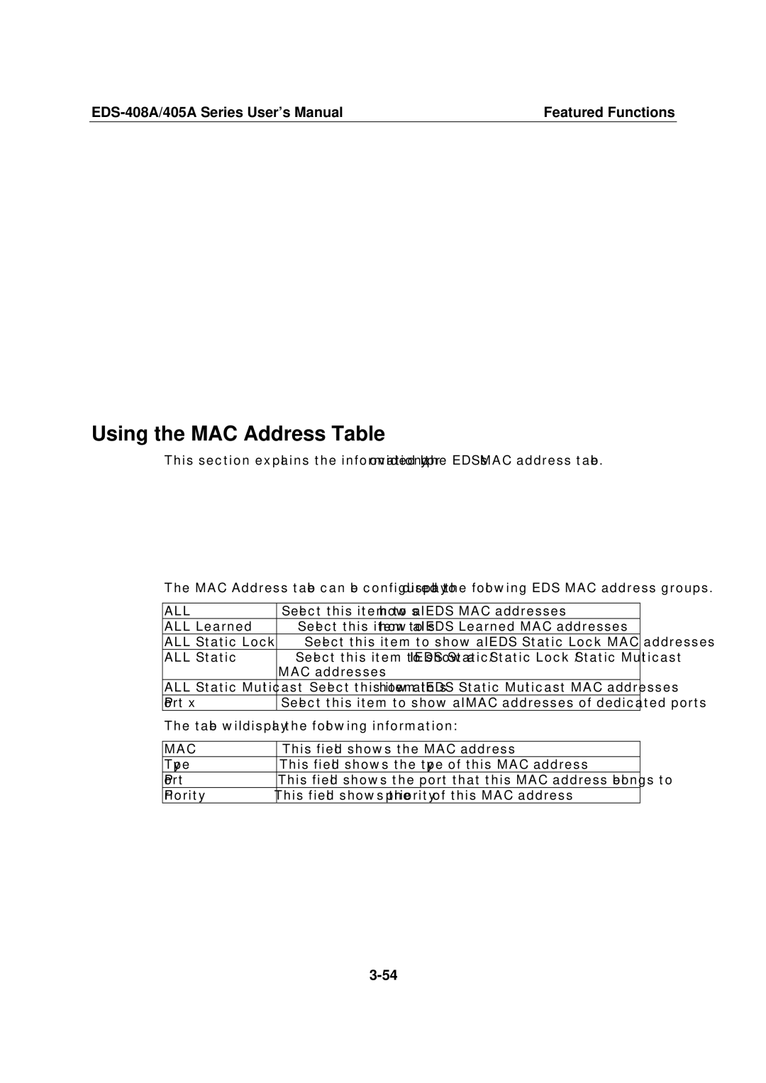 Moxa Technologies 405A SERIES, EDS-408A user manual Using the MAC Address Table, All 