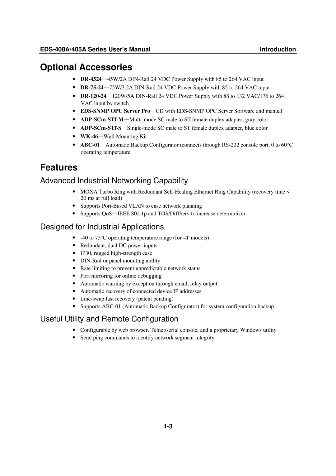 Moxa Technologies 405A SERIES, EDS-408A Optional Accessories, Features, Advanced Industrial Networking Capability 