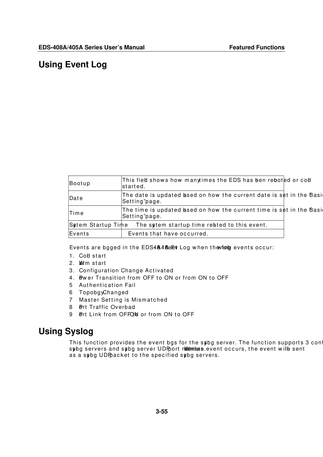 Moxa Technologies EDS-408A, 405A SERIES user manual Using Event Log, Using Syslog 