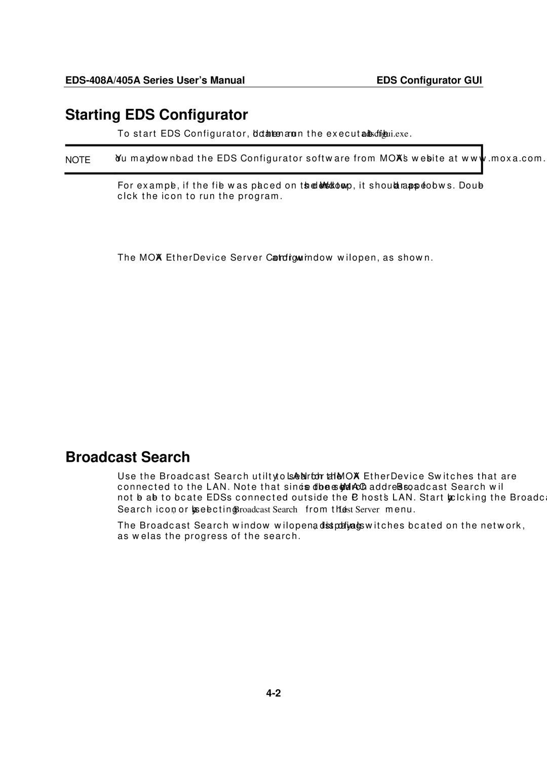 Moxa Technologies 405A SERIES, EDS-408A user manual Starting EDS Configurator, Broadcast Search 