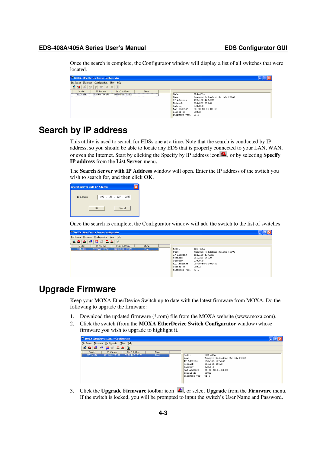 Moxa Technologies EDS-408A, 405A SERIES user manual Search by IP address, Upgrade Firmware 