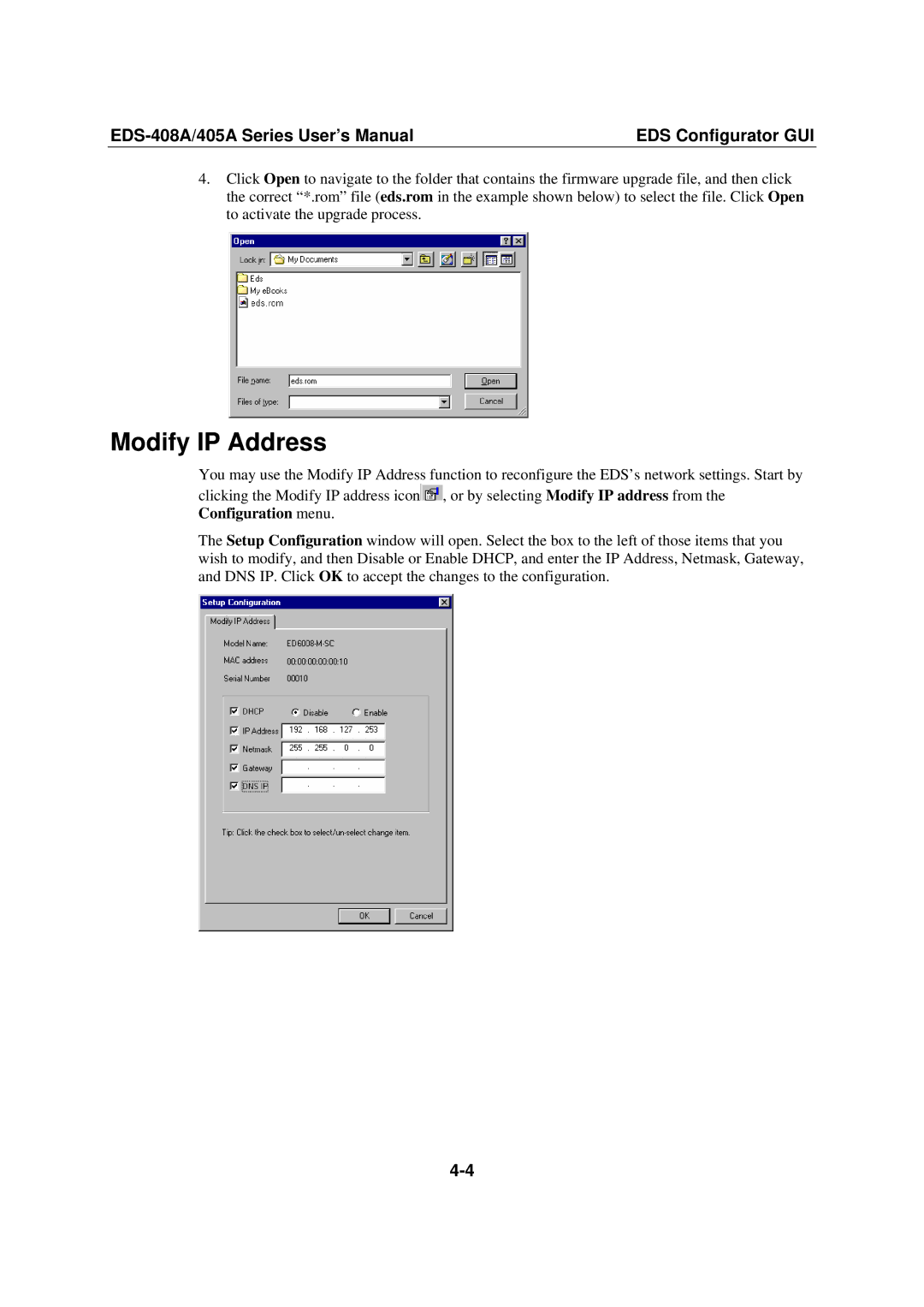 Moxa Technologies 405A SERIES, EDS-408A user manual Modify IP Address 