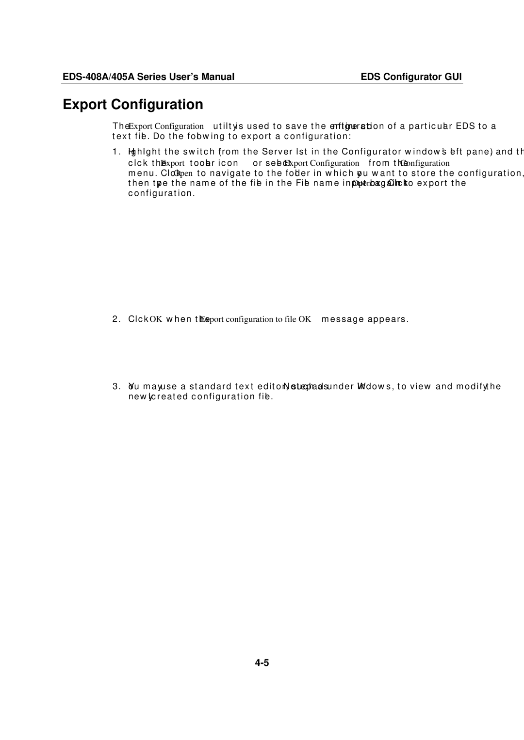 Moxa Technologies EDS-408A, 405A SERIES user manual Export Configuration 