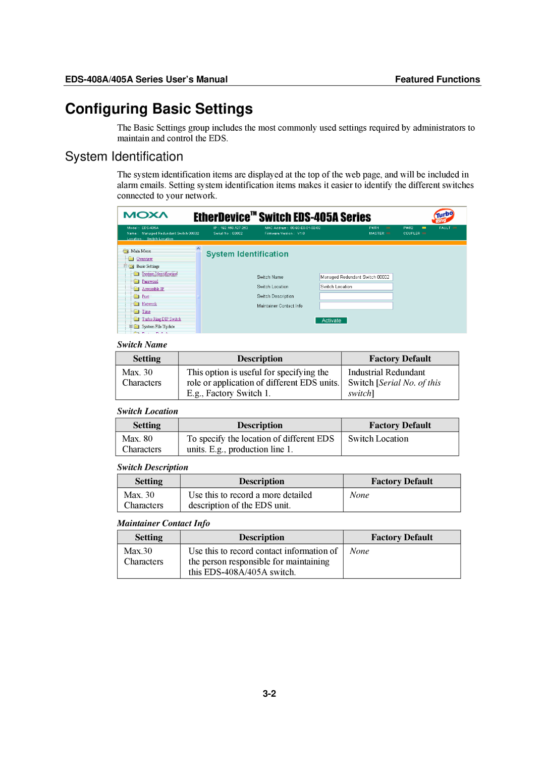 Moxa Technologies EDS-405A, EDS-408A user manual Configuring Basic Settings, System Identification 