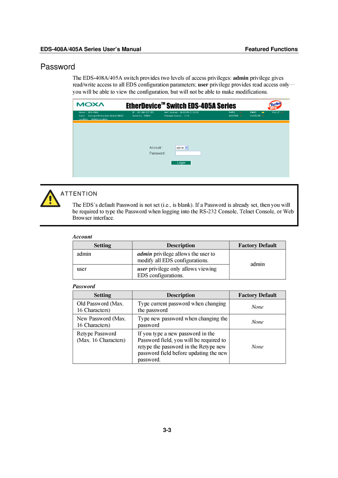 Moxa Technologies EDS-408A, EDS-405A user manual Password, Account 