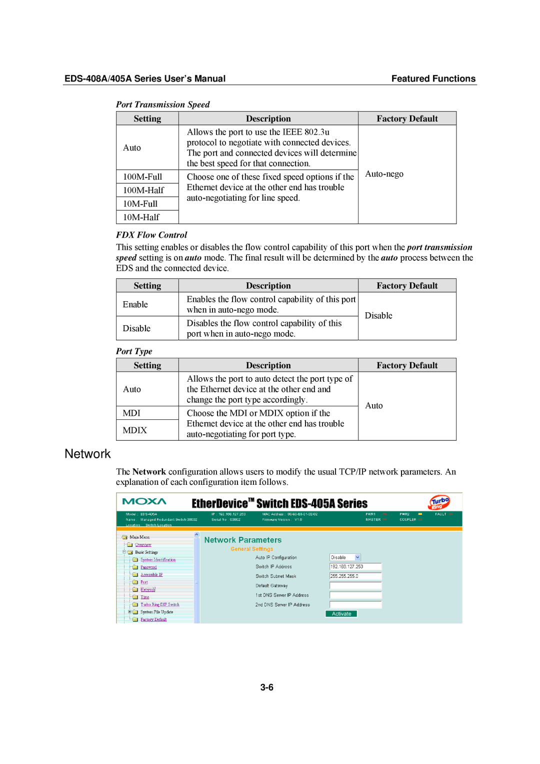 Moxa Technologies EDS-405A, EDS-408A user manual Network, Port Transmission Speed, FDX Flow Control, Port Type 